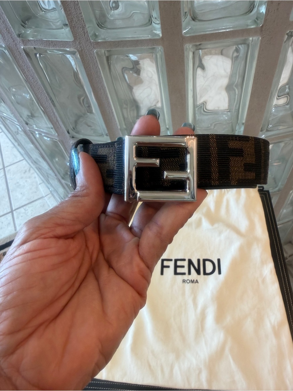 Fendi FF Zucca Monogram Unisex Canvas/Leather Black/Brown Belt w/ Silver Buckle - Picture 3 of 5